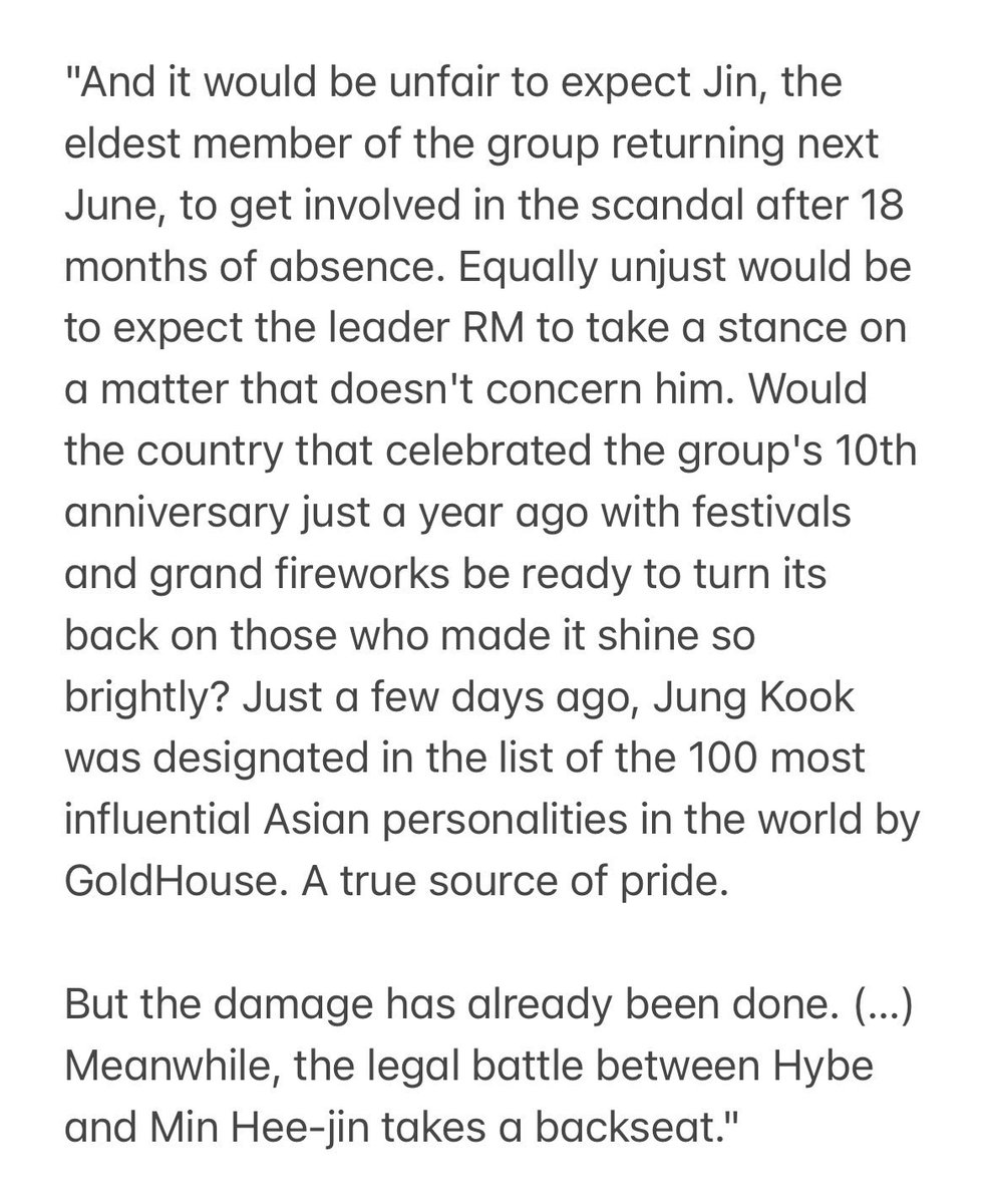 “And it would be unfair to expect Jin, the eldest member of the group returning next June to get involved in the scandal after 18 months of absence. Equally unjust would be to expect the leader RM to take a stance on a matter that doesn’t concern him” FUCKING APOLOGIZE TO BTS