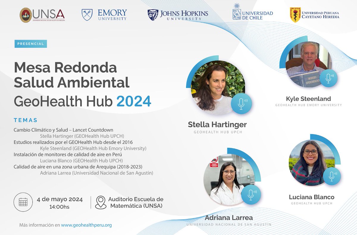 ClimaUpch's tweet photo. Hoy, las investigadoras @HartingerStella y @LucianaBlancoV del Centro Clima participarán en la mesa redonda de Salud Ambiental de GeoHealth Hub en la UNSA. Discutirán sobre el reporte de @Countdown_LATAM y la implementación de monitores de calidad del aire del proyecto #GeoHealth https://t.co/0pyLlWtPEn