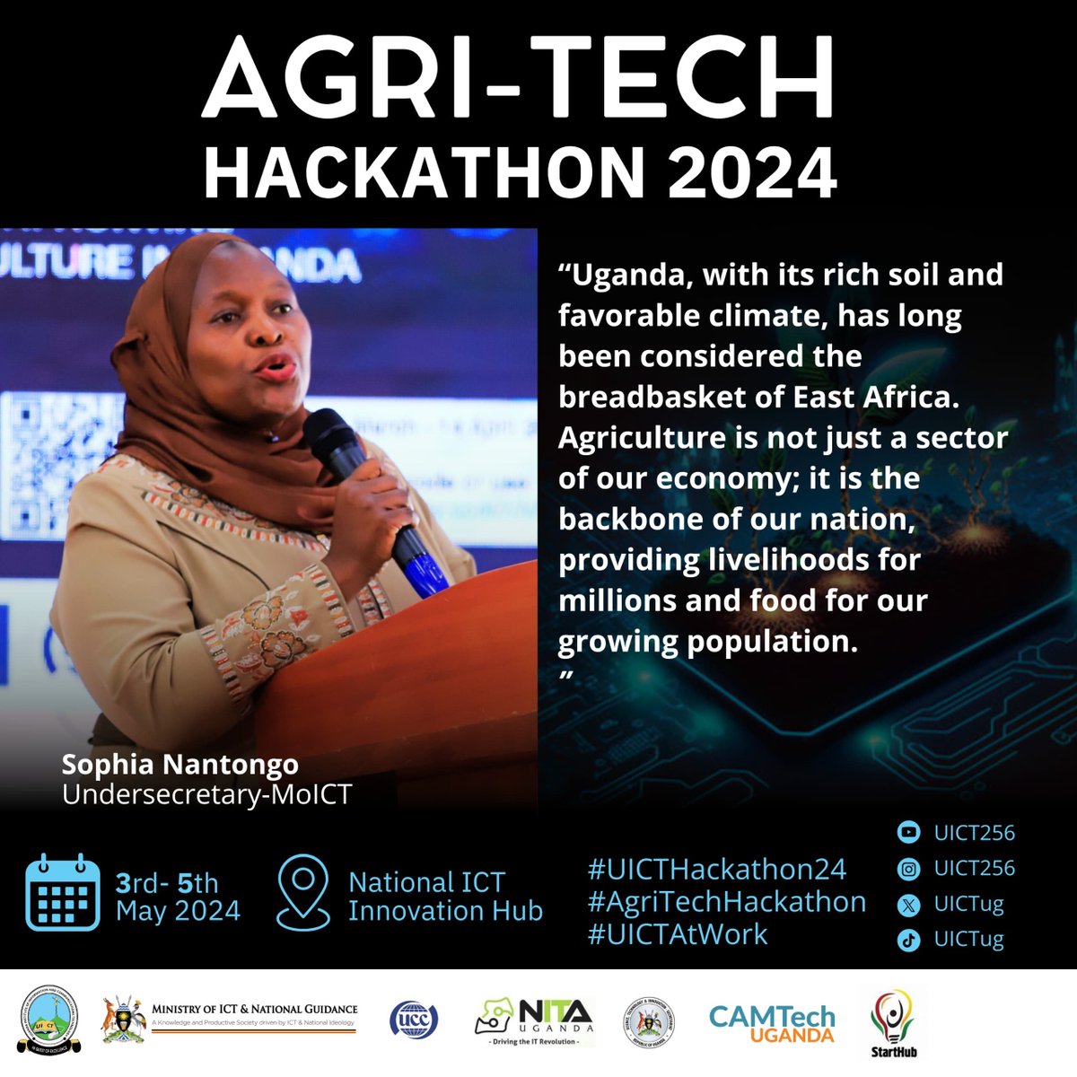 The Under Secretary @MoICT_Ug @NantongoSophia highlighted about the rich soils of Uganda being considered the breadbasket of #EastAfrica which justifies the notion that Agriculture is not just a sector of our economy but rather the backbone of our Country. #UICTHackathon24