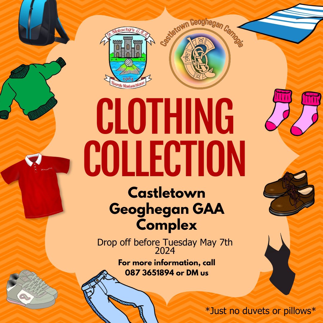 Winter wardrobe clear out 👋🏼 

Please drop all unwanted clothes to the park before 9am Tuesday 👖🧣👗 <a href="/ctg_camogie/">Castletown Camogie</a>