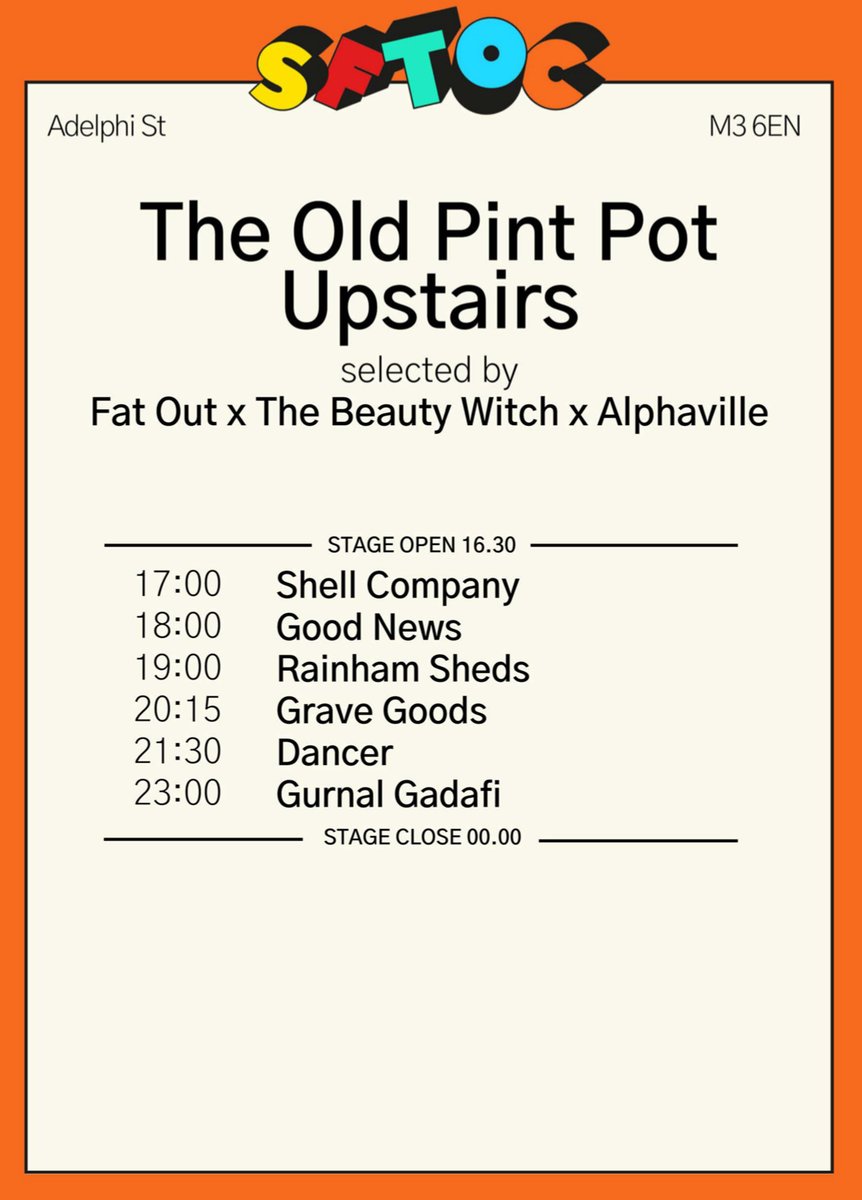 Set times for our stage with @Fat_Out and @TBW1968 at The Old Pint Pot tomorrow for @sftoc! View the full programme here: soundsfromtheothercity.com/wp-content/upl… Get final tickets: soundsfromtheothercity.com/tickets/