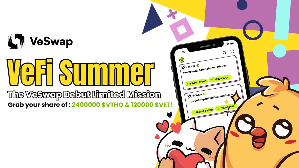 ⛱️VeFi Summer🥥

The VeSwap Debut Limited Mission is now live!🌟

🧊Don't miss out your chance to share a total value of 2400,000 $VTHO &amp; 120,000 $VET!

🍸Simply LIKE, RT, and comment on this pinned tweet, also follow our official account on X for a chance to win huge rewards