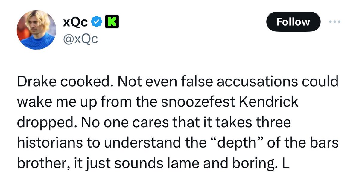 AkademiksTV's tweet photo. XQC says Drake cooked and called Kendrick’s diss a “snooze fest.” https://t.co/mFJOsLp0HM