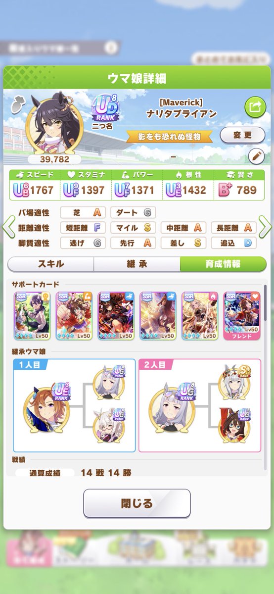 onegaimaqueen's tweet photo. UD8、育成記録🤗✨
①目的→ブライアンの誕生日に久々に育てて良い感じになったので、査定切り替え。
②切れ有、針無。
③サポカ編成→スピ2、スタ、パワ、根、剣。
④因子→スピ9、パワ6、根3。
⑤スキル→34個
※所感→賢さを捨てて、強サポカを詰む。
#ウマ娘
#ナリタブライアン
#UD8
#育成メモ https://t.co/9Rshoc6v5L