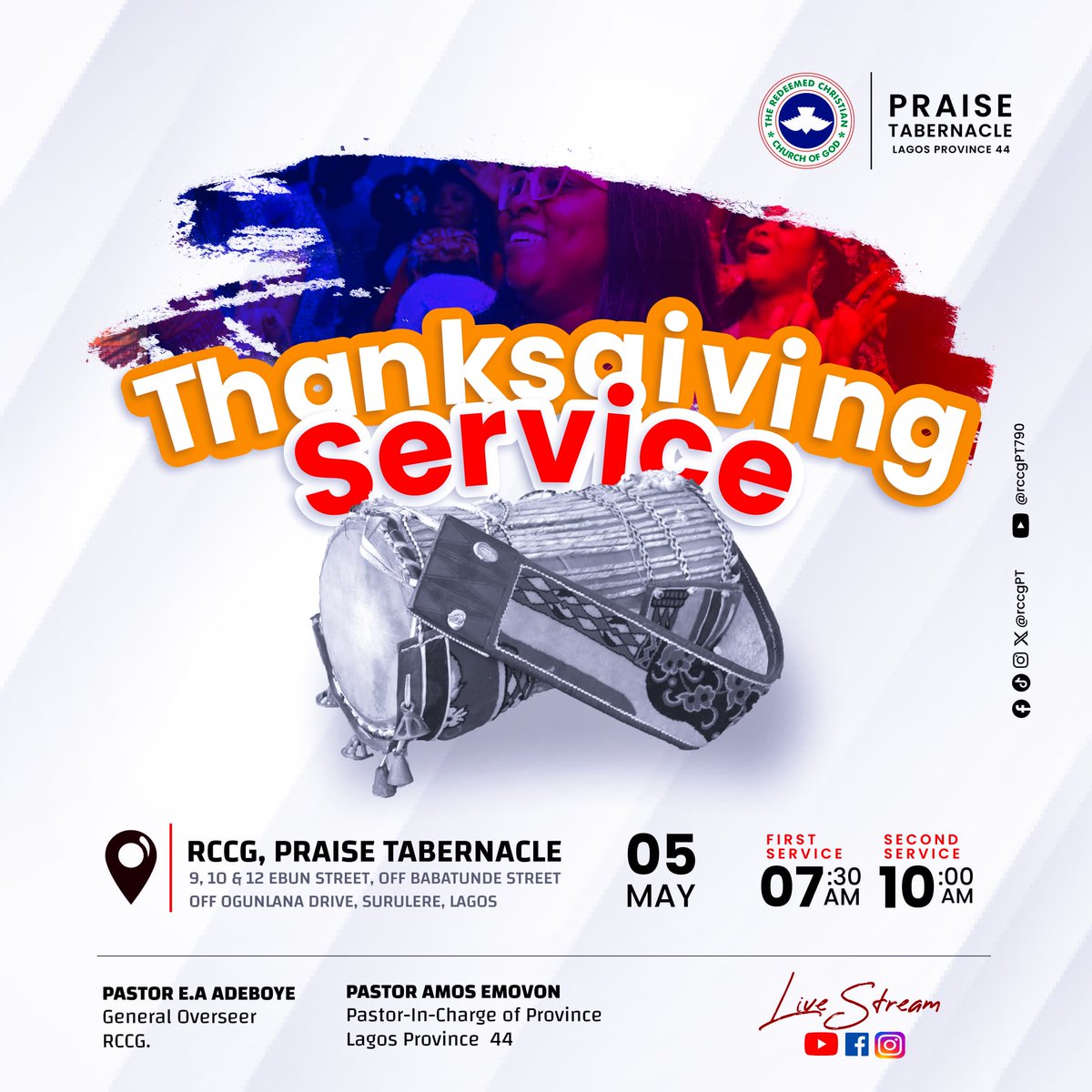 Join us TOMORROW, Sunday, May 5th, as we come together to give thanks and praise God for His abundant blessings!

Come with a heart full of gratitude and a spirit ready to celebrate God's goodness!

See you there!

#ThanksgivingSunday #Gratitude #PraiseTabernacle #rccgpt