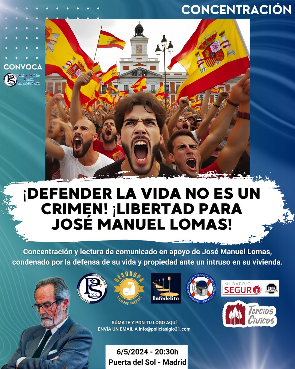 Se van sumando más asociaciones y organizaciones comprometidas con esta causa. 📅 6/5/2024 🕣 20:30h 📍 Puerta del Sol (Madrid) El domicilio es último reducto de seguridad del individuo, donde habita con su familia, defenderse es un acto de nobleza. ¡Únete a nosotros!