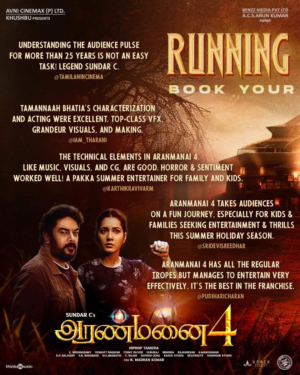 #Aranmanai4🏚⚡️as the perfect film for kids and families this summer holiday season🍿🎉 Book your tickets now at the box office and paytm ticketnew app. #SundarC #RaashiKhanna #Tamannah #Horror #SBKTalkies