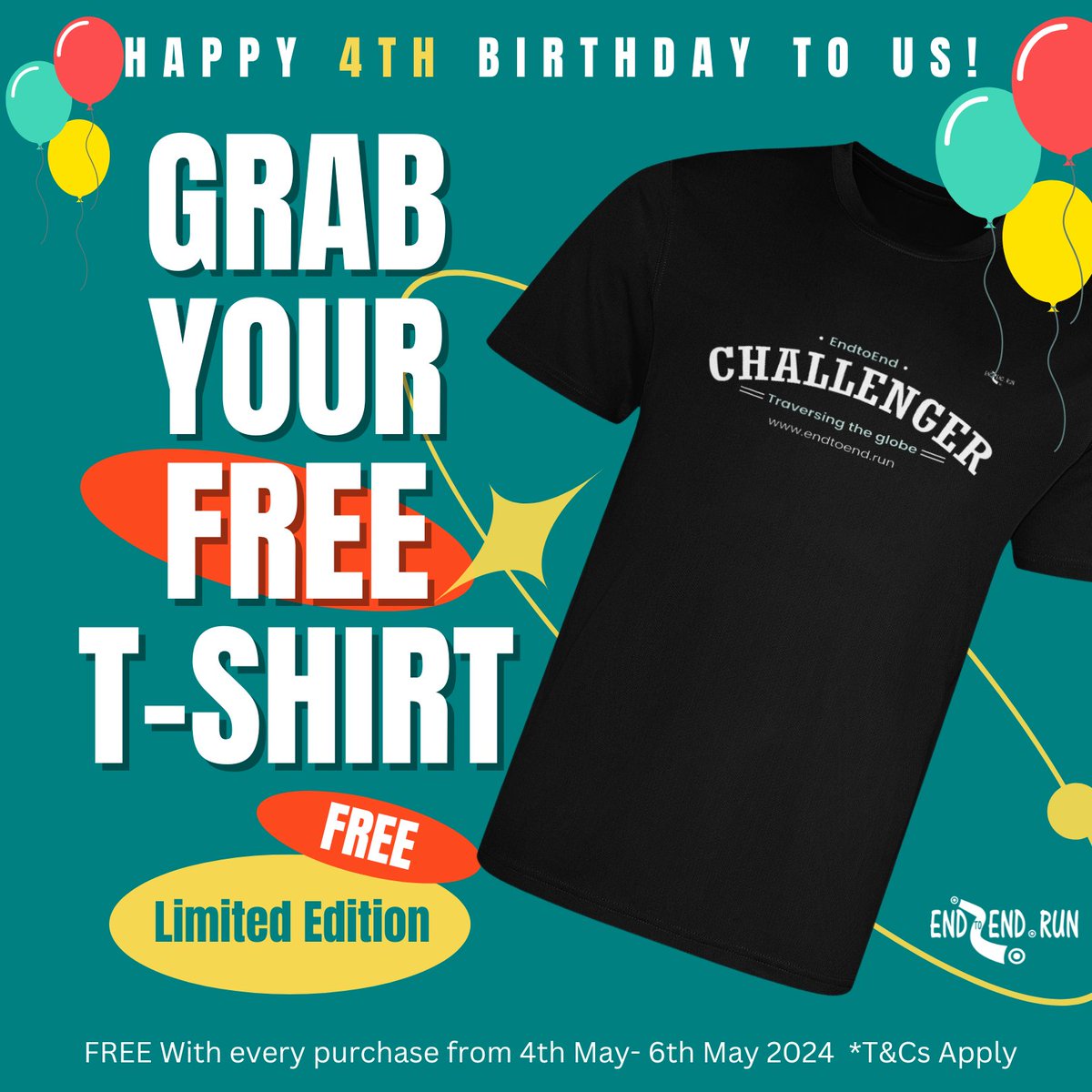 🎉 We’re turning 4! 🎂 We’re overwhelmed by the support of our amazing community, so we're giving back! Get a FREE limited edition Challenger T-shirt with every purchase until May 6! 🏃‍♂️💨 #EndToEndRun #4YearsStrong #ThankYou

🛒 Shop now: endtoend.run