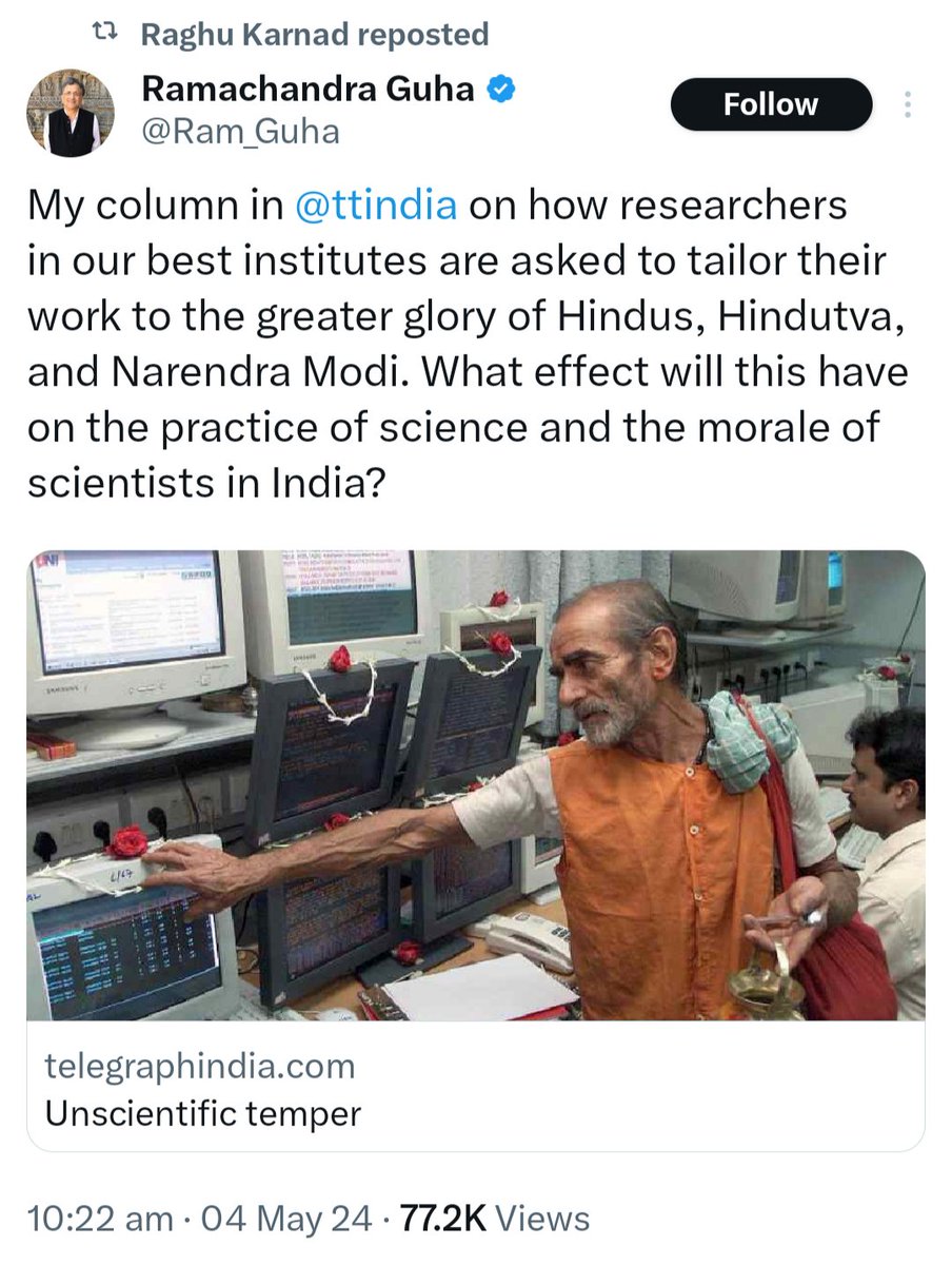 An article about the supposed decline in scientific temper in India has to of course feature a Hindu priest putting vermillion on a computer. India's left and liberal jamaat has always equated everything bad with India with Hinduism.