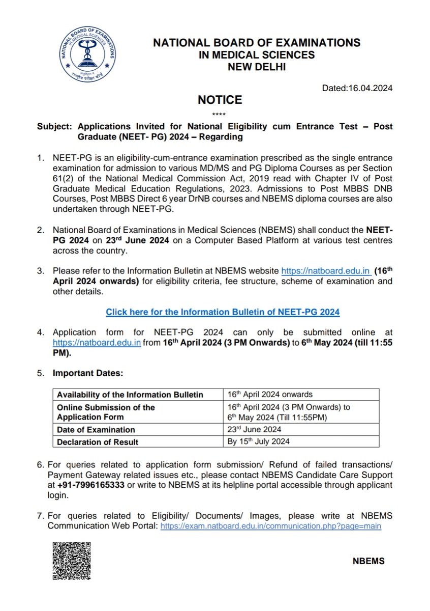 Hello !!
#NEETPG aspirants & #Doctors

The NEET-PG Exam for 2024 session will be held on 23 June, 2024.

Online Registration:
16th April 2024 to 6th May, 2024.

🚨NBEMS has released the New Exam Patterns for #NEETPG2024 

#MBBS #FMGE #INICET #NEETPG
#MedX #neetpgrevision #MedEd