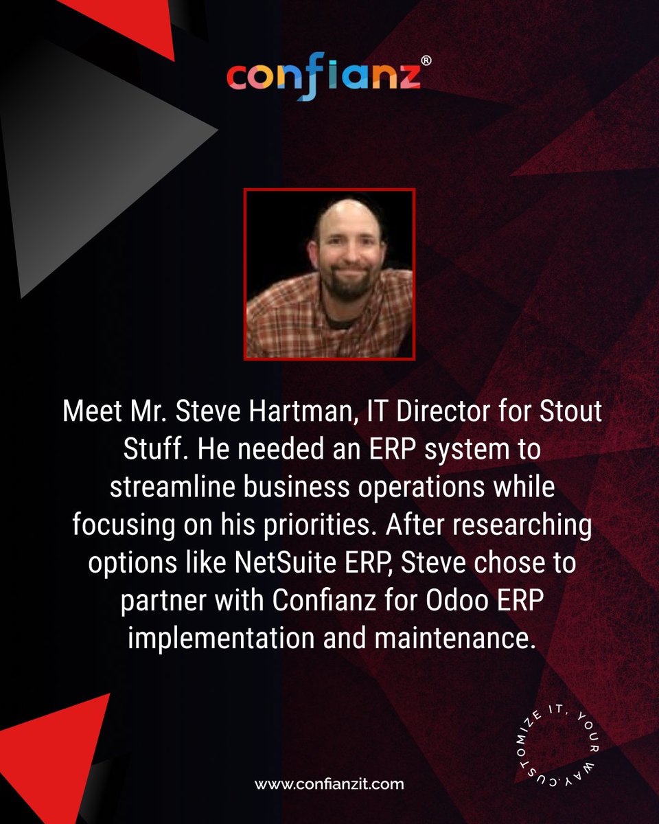 confianzglobal's tweet image. Meet Steve Hartman, IT Director at Stout Stuff. Seeking to streamline  operations, he chose to partner with Confianz for Odoo ERP after  researching options like NetSuite.
More: confianzit.com/erp-implementa…
Trust Confianz for your ERP needs.
#Confianz #OdooERP #OdooImplementation