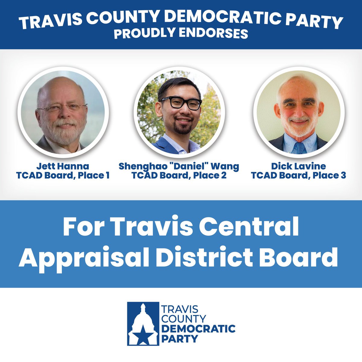 It’s election day and the polls are open from 7-7! It’s time to choose our local leaders, including the election for the Travis Central Appraisal District. For more information of who is on your ballot, go to vote411.org. Here are my endorsed TCAD candidates: