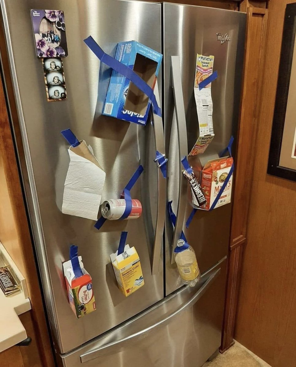 This is what happens if you tell your husband…” if we run out of something put it on the refrigerator”😂😂😂😂
