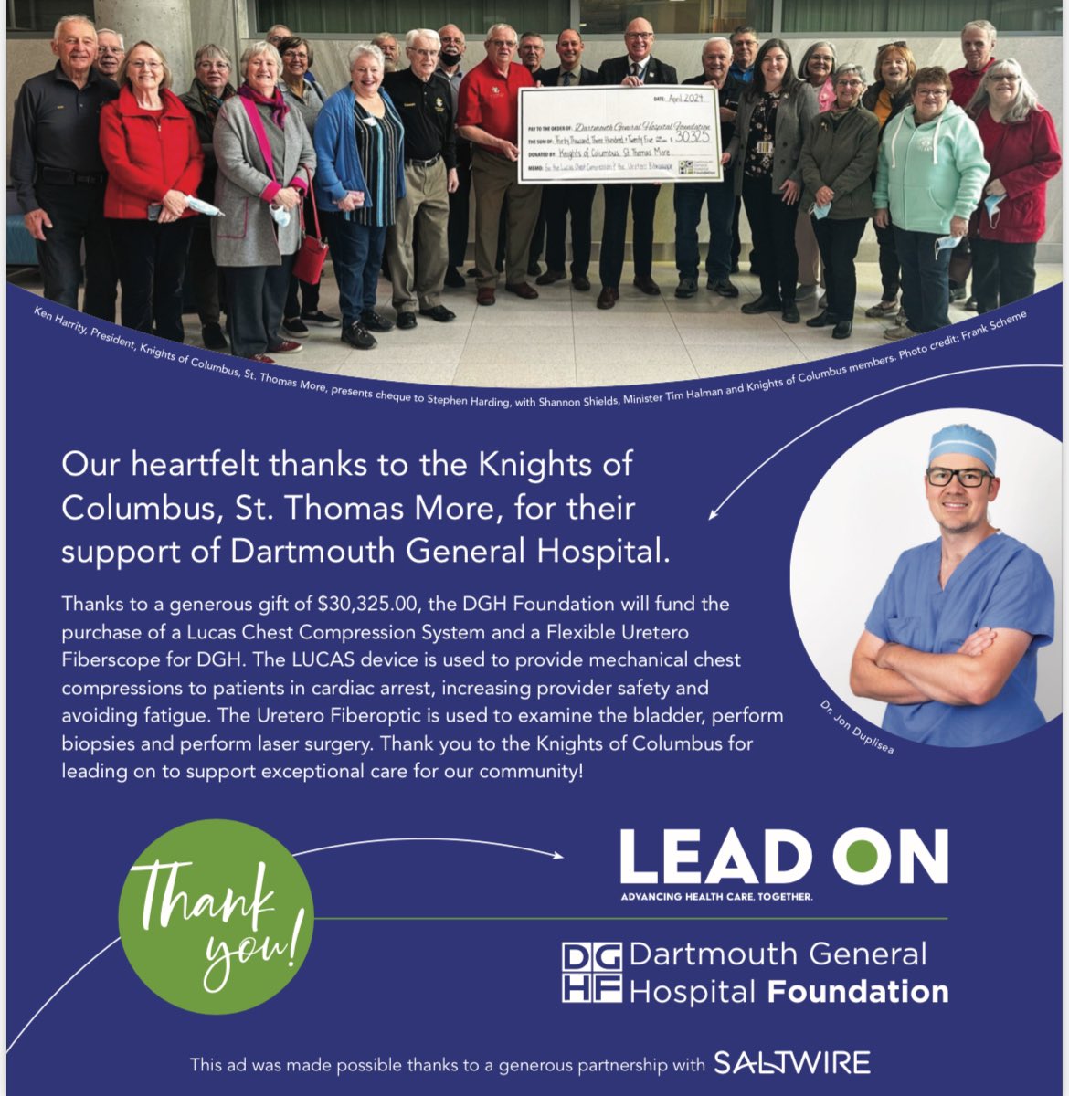 Our heartfelt thanks to the Knights of Columbus, St. Thomas More for their incredible support of the Dartmouth General Hospital Foundation - Check out the Chronicle Herald today -a new LUCAS Chest Compression system & Uretero Fiberscope are on the way❤️👏@DGHfoundation @HealthNS