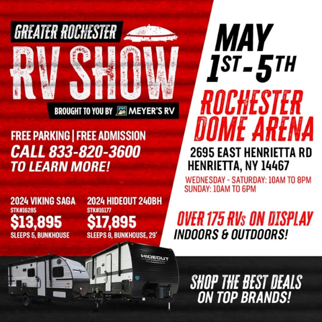 Kickstart your weekend adventure at our Greater Rochester RV Show! 🚐✨ Your new RV is waiting for you—come on out and let the journey begin! Find out more here: rpb.li/BhGPp

#MeyersRV #RVShow #NewRV #RVLife