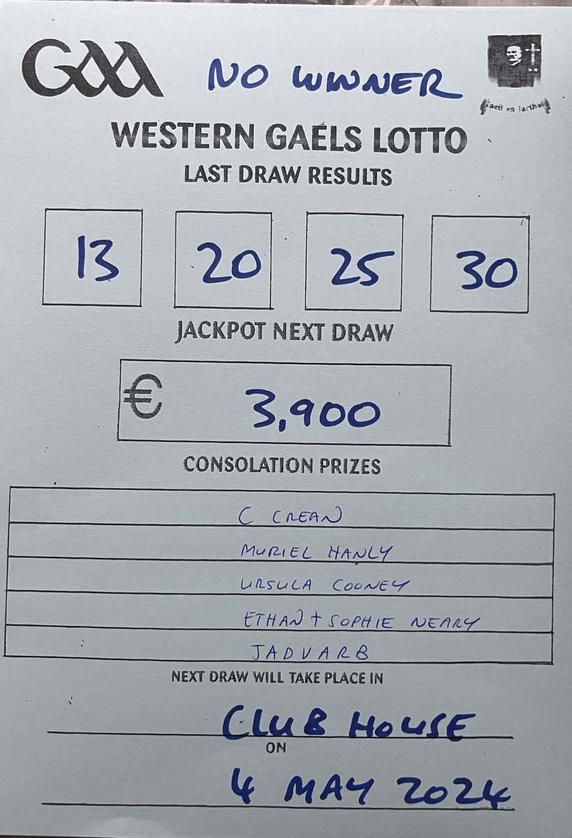 Our lotto jackpot tonight is €3,900

Get your tickets from all local outlets or online now by following the link

play.clubforce.com/play_newa.asp?… 

Online ticket sales close at 8:30

Thanks for your support.