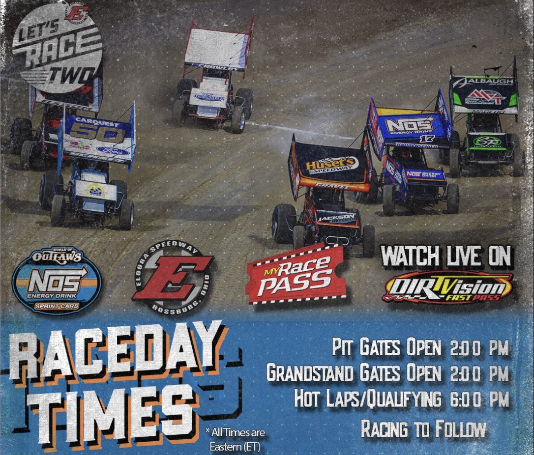 Running it back at 𝗧𝗵𝗲 𝗕𝗶𝗴 𝗘 😤 The World of Outlaws @NosEnergyDrink Sprint Cars close out #LetsRaceTwo at @EldoraSpeedway tonight! 📺 Watch Live: @DIRTVision ⏱️ Timing & Results: @MyRacePass