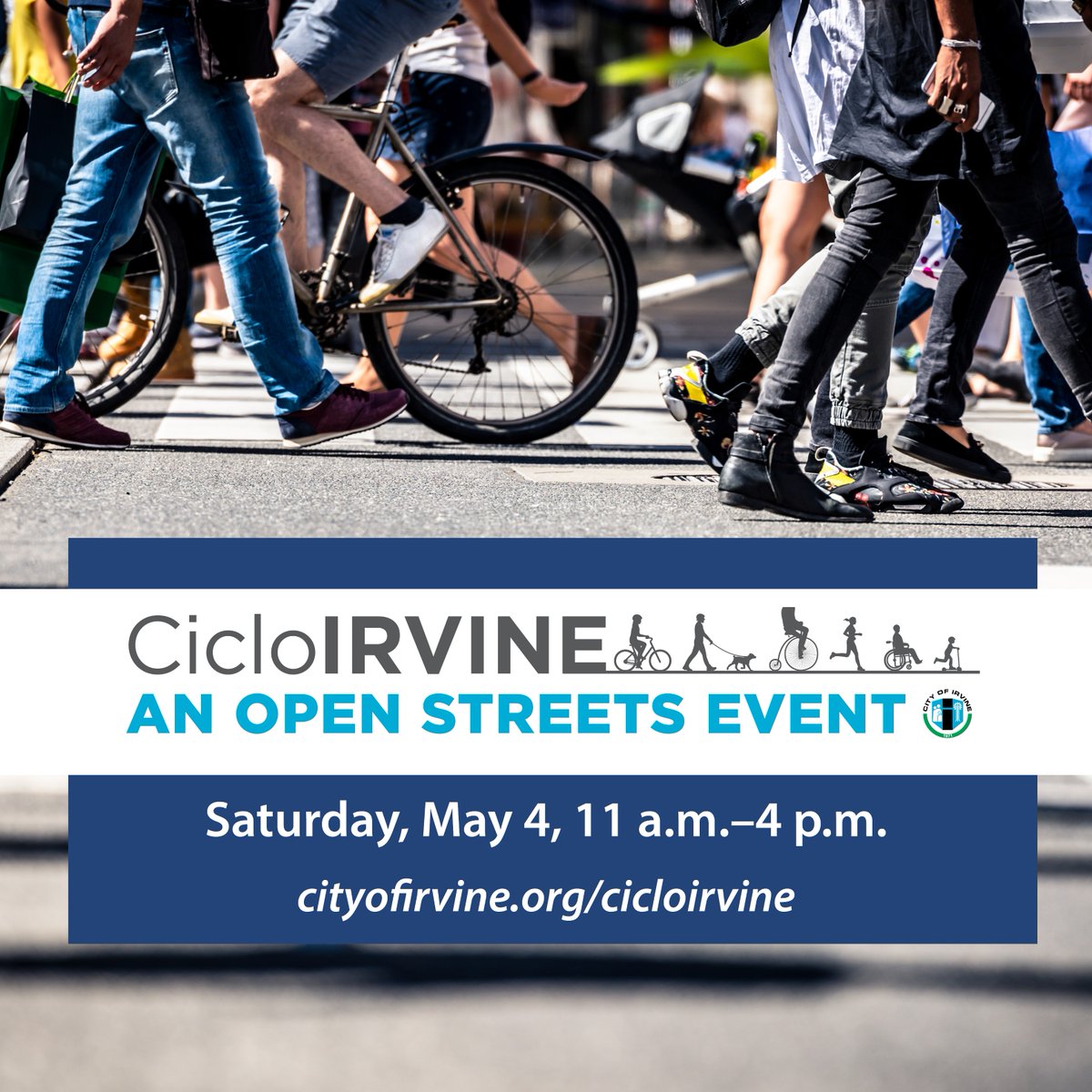 Join us later today at CicloIrvine, our first-ever Open Streets Event. The fun kicks off at 11 a.m. with nearly two miles of streets closed to cars along Barranca Parkway and Harvard Avenue.

ℹ️ cityofirvine.org/cicloirvine 

#CicloIrvine #OpenStreets
