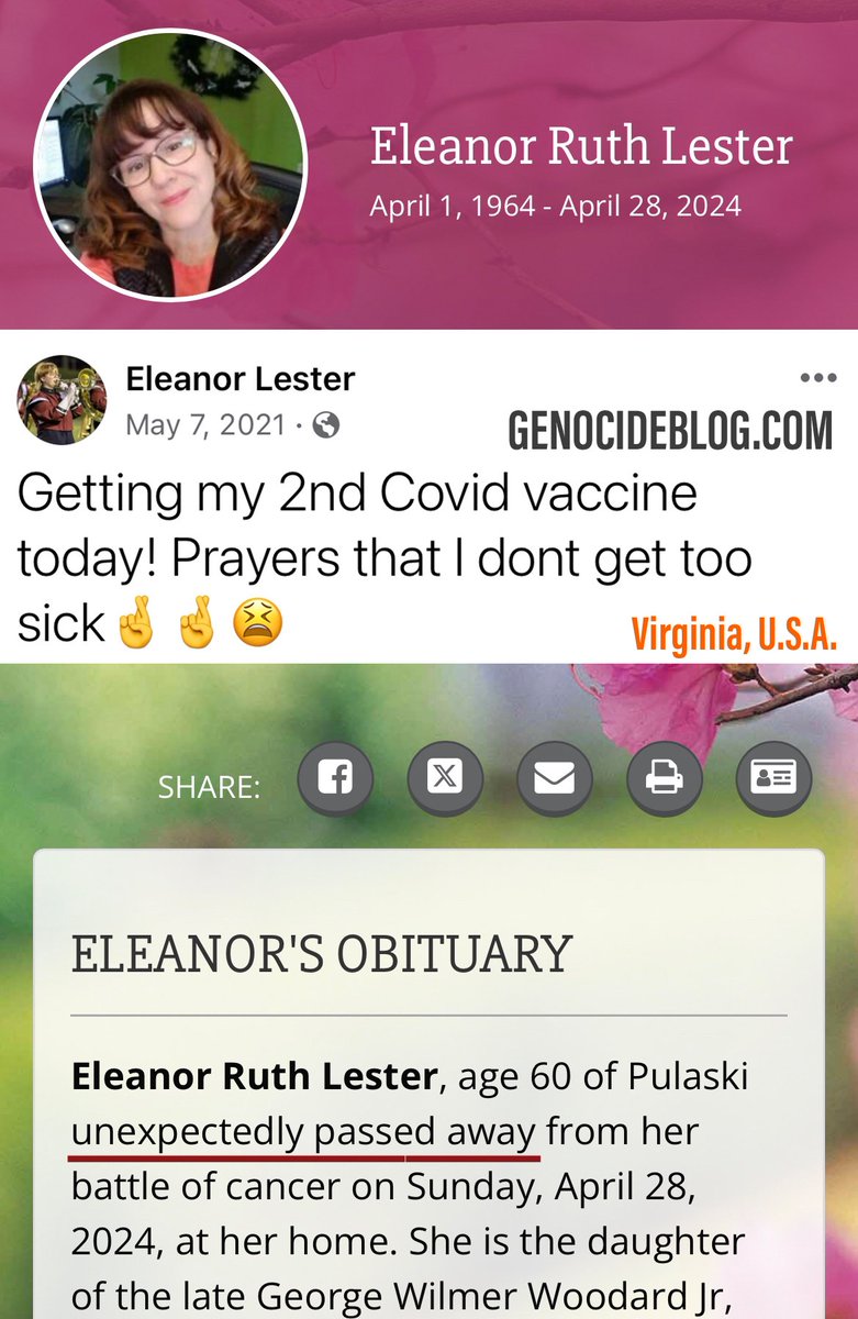 Eleanor Ruth Lester 💉🪦 #FullyVaccinated #DiedSuddenly (April 2024) 🇺🇸 Virginia “Getting my 2nd Covid vaccine today!” “Eleanor Ruth Lester, age 60 of Pulaski unexpectedly passed away from her battle of cancer on Sunday, April 28, 2024, at her home.” CovidBC.me