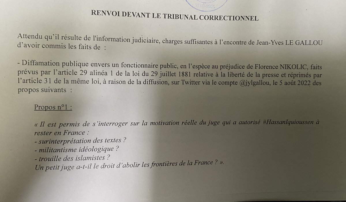 Pendant que des multirécidivistes en liberté agressent, violent ou tuent la justice a des loisirs : je suis renvoyé en correctionnelle pour 2 tweets ou je critiquais la décision d’un juge administratif suspendant l’OQTF d’un imam islamiste (texte incriminé juste pour information)