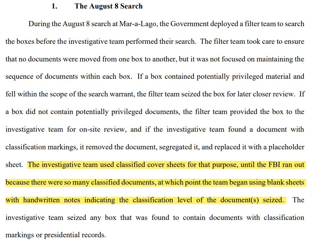 Jack Smith finally admitted yesterday the FBI used those sheets as placeholders (I mean, you can't really say 'props' to help stage a 'stunt') in his filing last night. Then laughably claimed FBI found so many classified records they ran out of stunt covers/slip sheets.