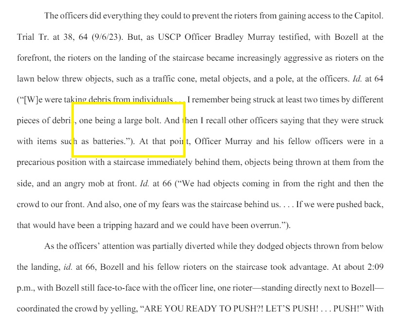 ADD: 'Large bolt' Thrown at police, during a 'precarious' situation for officers, per sentencing memo newly released by Justice Dept The 'debris' was used as a weapon too, per Justice Dept