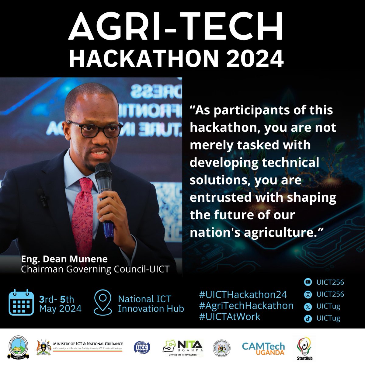 Eng. @DeanMunene Chairperson-@UICTug Governing Council, speaking at the Hackathon, entrusted the development of homegrown solutions and the future of Uganda's agriculture sector to the hackers at the #UICTHackathon24. #AgritechHackathon #UICTAtWork #UICTDigital @MoICT_Ug…