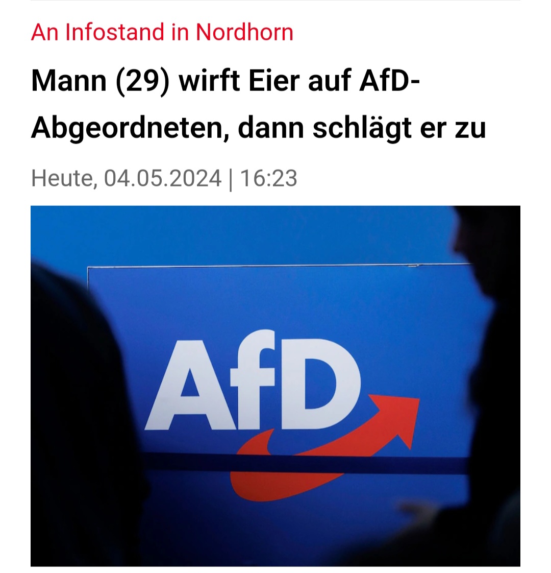 Ein #AfD-Landtagsabgeordneter wurde in #Nordhorn zunächst mit Eiern beworfen und dann ins Gesicht geschlagen.
Man darf gespannt sein, ob #Faeser & Co. sich auch hierüber 'bestürzt' zeigen.
Vermutlich nicht, das große 'Mimimi' gibt es ja nur bei Angriffen auf die #Gruenen oder die…