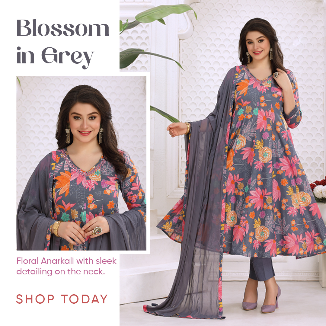 Let the petals weave your tale in hues of grey.
*
*
Get Your Hands on Grey!

#AnarkaliStyle #GreyBloom #FloralCharm #GracefulFloral #AnarkaliBeauty #Suits #GreyElegance #NewDesign #NewLook