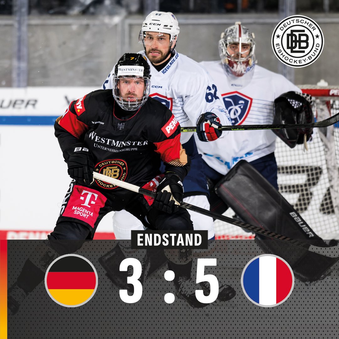 Leider unterliegen unsere DEB-Männer 🇩🇪 den Franzosen 🇫🇷 am Ende des ersten Aufeinandertreffens der Phase 4 mit 3:5. Die Tore auf dt. Seite erzielten Dominik Kahun, Parker Tuomie & Maximilian Kastner 🏒 Am Montag geht es in Weißwasser weiter!
#debteams #GERFRA