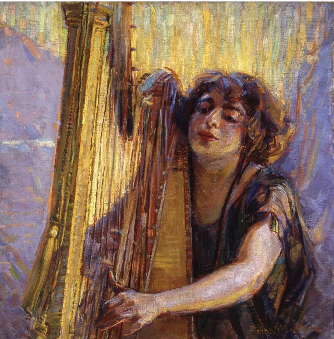 Good morning. American artist Donna Schuster (1883-1953) captures the rapture of music in “O’er Waiting Harp Strings” oil on canvas 1921 displayed at the Laguna Art Museum. #music #art #harp