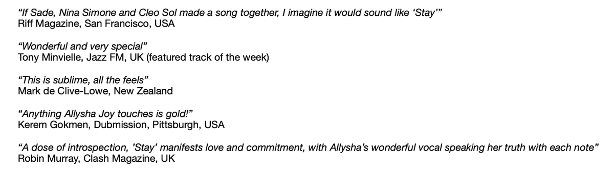 Lots of lovely feedback for the new @AllyshaJoy single 'Stay' from a variety of folk, inc. a @BBC6Music spin earlier c/o @OfficialHuey and a whole bunch more. Tap in here & check out the gorgeous video too. lnk.to/allyshastay