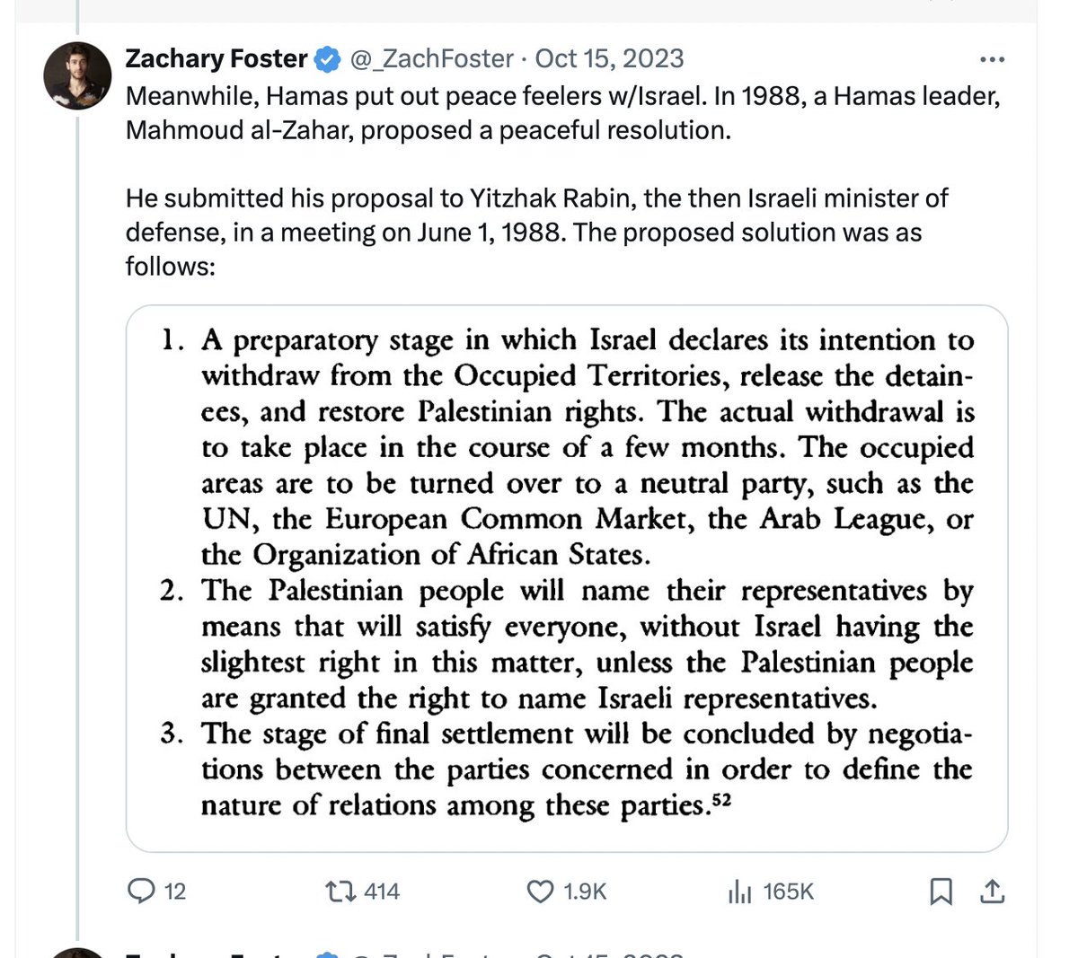 @FirasPalestine @PlateofHummus @RamAbdu @Columbia Hamas never agreed to a two-state solution especially not one in the framework of Oslo. I mean they straight up say as much that all of Palestine should be liberated and they don't acknowledge Israel but full right of return and 67' border is the generally agreed position and a…