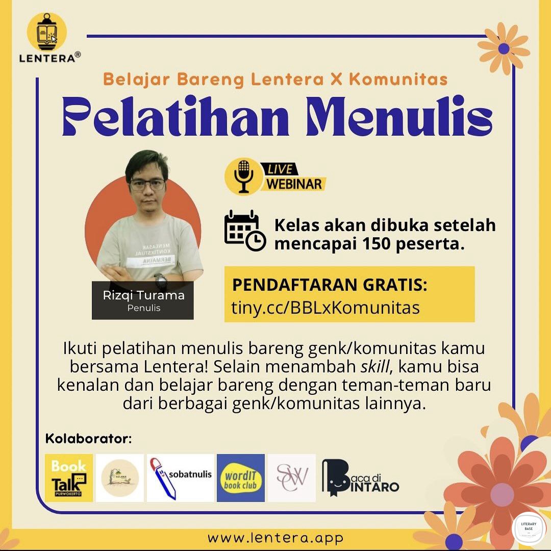 /Lt Ada info pelatihan menulis gratis nih. Dilaksanakan online 🤩🤩

Yuk temen-temen Literasi bisa ikutan