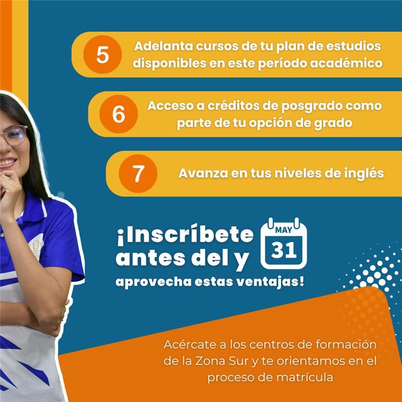 🎓 ¿Conoces los beneficios de matricular en el periodo 8-03? Aquí te contamos siete razones por las que puedes avanzar en tu proceso formativo en este periodo académico.💡
🏫 Te esperamos en los Centros de la Zona Sur.
#MásUnadMásEquidad 🚀