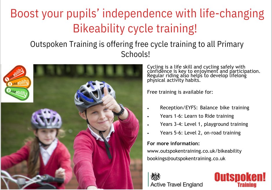 Bikeability for primary schools in Northamptonshire. Outspoken Training is offering free cycling training to all primary schools in Northamptonshire to increase cycle safety, confidence and lifelong enjoyment. See the flyer to find out more.