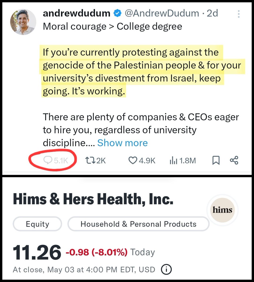 1. CEO of $HIMS, a company selling generic sex drugs, posts in support of pro-Palestinian mob

2. He gets ratioed and locks his post for comments

3. The stock loses 8% ($200M) yesterday. The bleeding has only started… Looks like a great opportunity to short it 🤑

#FAFO