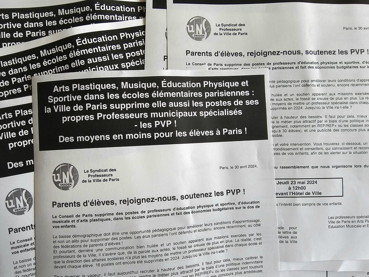SnademUnsa's tweet photo. Les Professeurs municipaux dela Ville de Paris -les PVP Arts&amp; EPS des écoles élém parisiennes mobilisés ce samedi contre le choc des savoirs  et pr le choc des moyens àl'école! ⚠️Mais la Mairie supprime elle aussi les postes de ses propres professeurs‼️🔎notre tract aux parents⤵️ https://t.co/5HdUlGx6u1