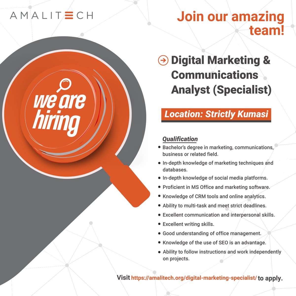 Exciting #Job Alert! We are hiring a Digital Marketing & Communications Analyst for our #Kumasi office! This role offers a dynamic work environment, excellent benefits and the chance to work with an international team. Apply now via amalitech.org/digital-market… #WorkwithAmaliTech