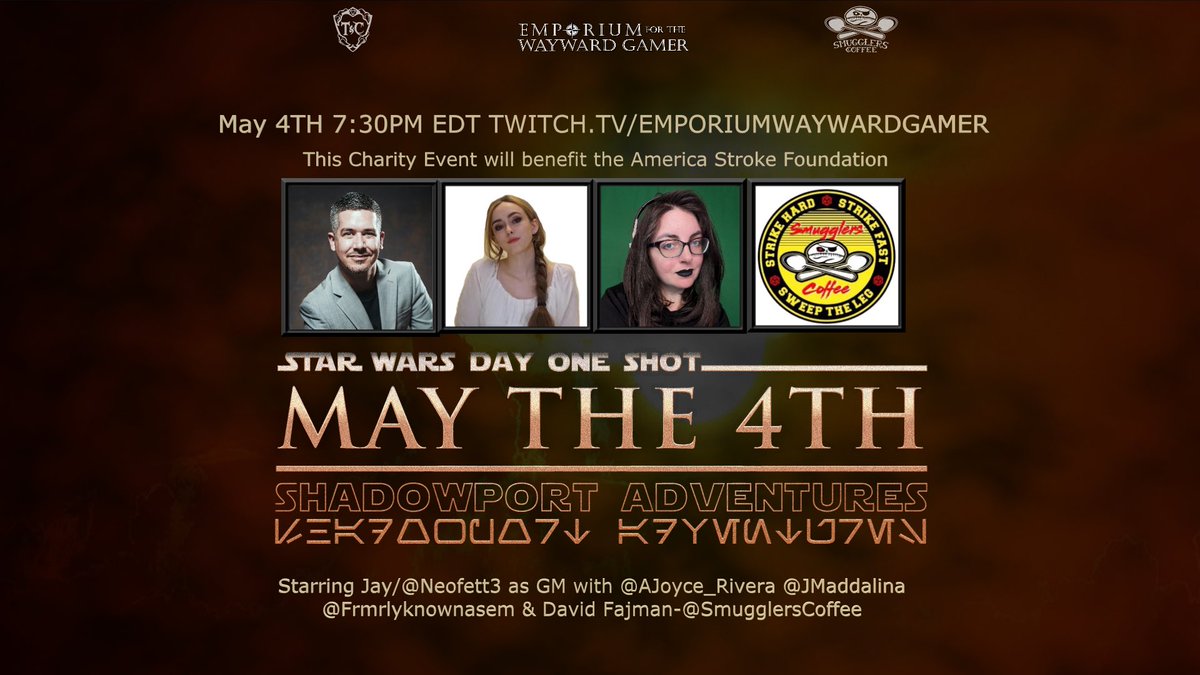 May the 4th Be With You! There are lots of things happening today Our charity event is tonight supporting the American Stroke Foundation. More info soon
