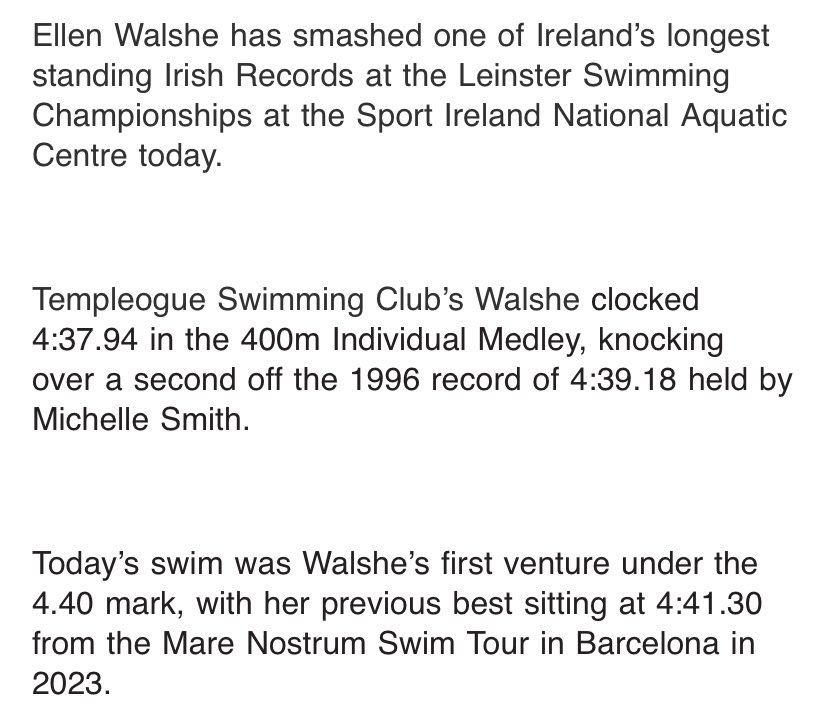 Ellen Walshe in Irish record breaking form, 400IM record from the 1996 Olympics in Atlanta is finally overtaken.