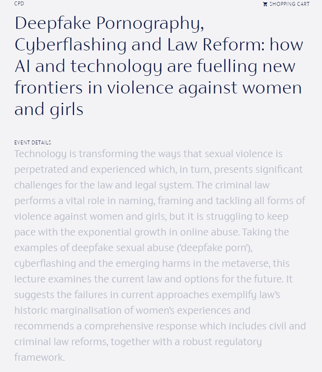 McGlynnClare's tweet photo. In London on 4 June? Interested in hearing me talk about #DeepfakePorn #Cyberflashing and how AI is fuelling new frontiers in violence against women?
Come to @TheInnerTemple and book👇
 https://t.co/1QdjbeB55c https://t.co/dhLnLaKK0v