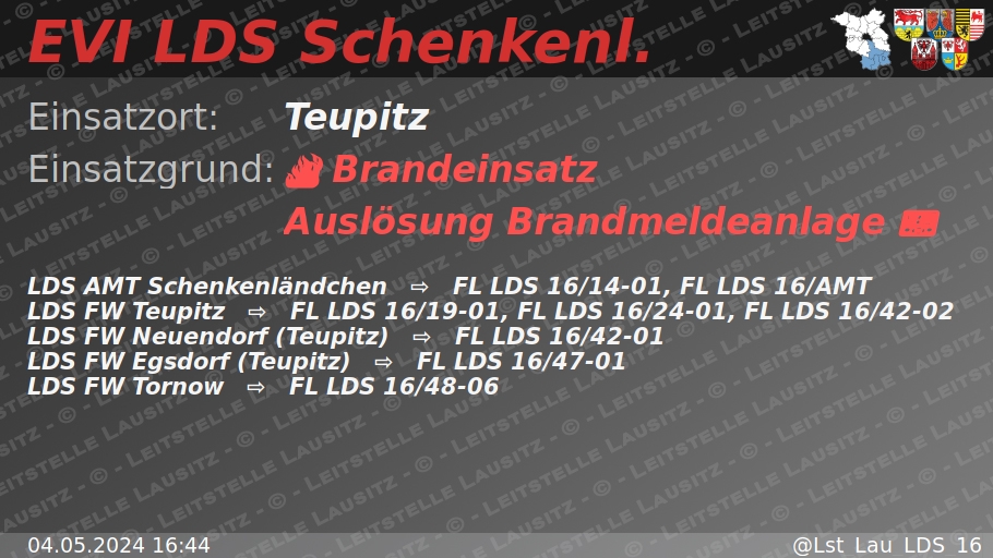🚨 04.05.2024 16:44 🔥 📟 B:Brandmeldeanlage 🌐 Teupitz 🚒 ⇨ LDS AMT Schenkenländchen, FW Teupitz, FW Neuendorf (Teupitz), FW Egsdorf (Teupitz), FW Tornow wachalarm.leitstelle-lausitz.de/dbrd/0a06d79d-…