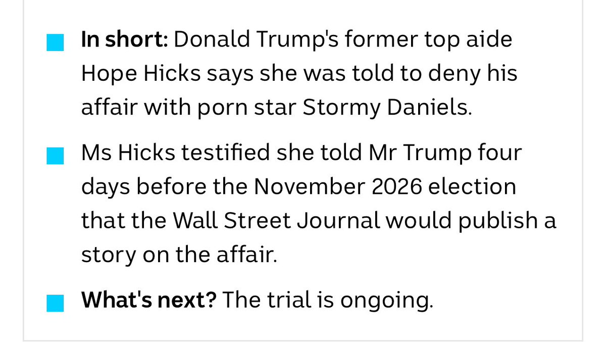 Our ABC … errors & all

“Hope Hicks says she was told to deny his affair with porn star Stormy Daniels

Ms Hicks testified she told Mr Trump four days before the November 2026 election that the Wall Street Journal would publish a story on the affair” .. 🙄🙄🙄

#auspol