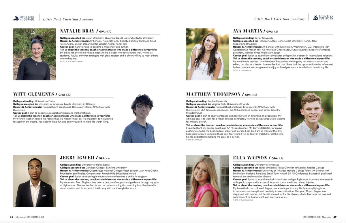 We'd like to congratulate the six seniors who were named to Little Rock Soiree's Head of the Class 2024! Check out their incredible accomplishments and read all about them in the latest issue. digital.abpg.com/little-rock-so…