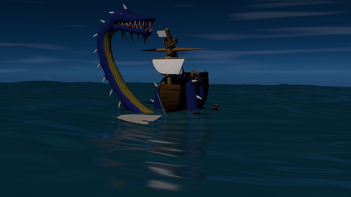 The sea serpent attacking ship made in #blender #blenderrender #blendercycles #3dart #b3d #3D