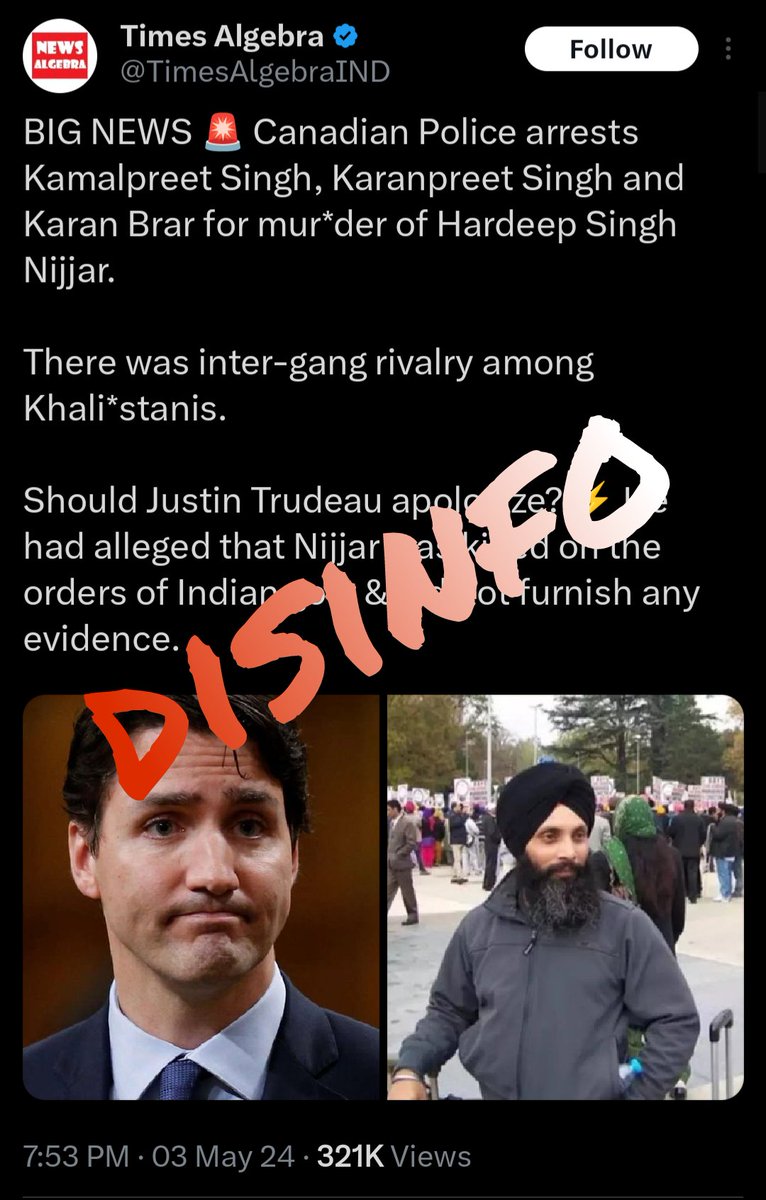 DISINFO | Canadian police & intelligence believe the three Indian nationals, in Canada on temporary visas, were hired at the behest of Indian intelligence officials for a targeted hit against Sikh activist Hardeep Singh Nijjar. Similar to the US Indictment against Gupta. At a…