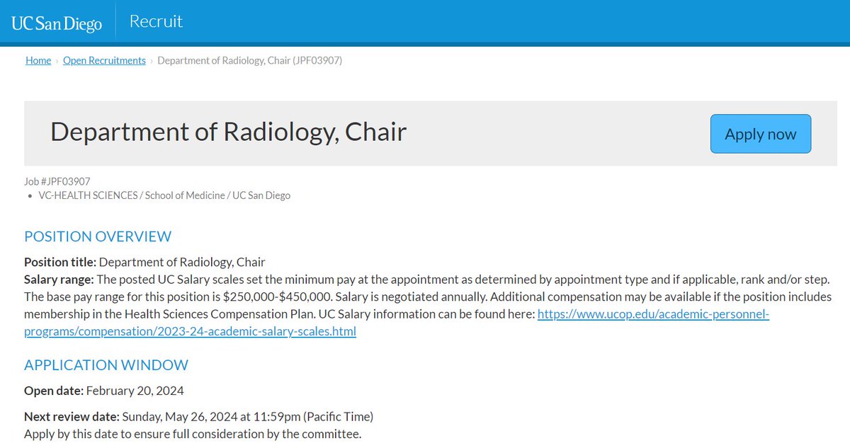 The application deadline for the next @UCSDHealth Chair of Radiology has been extended to May 26, 2024. Please refer excellent candidates to apply now at apol-recruit.ucsd.edu/JPF03907