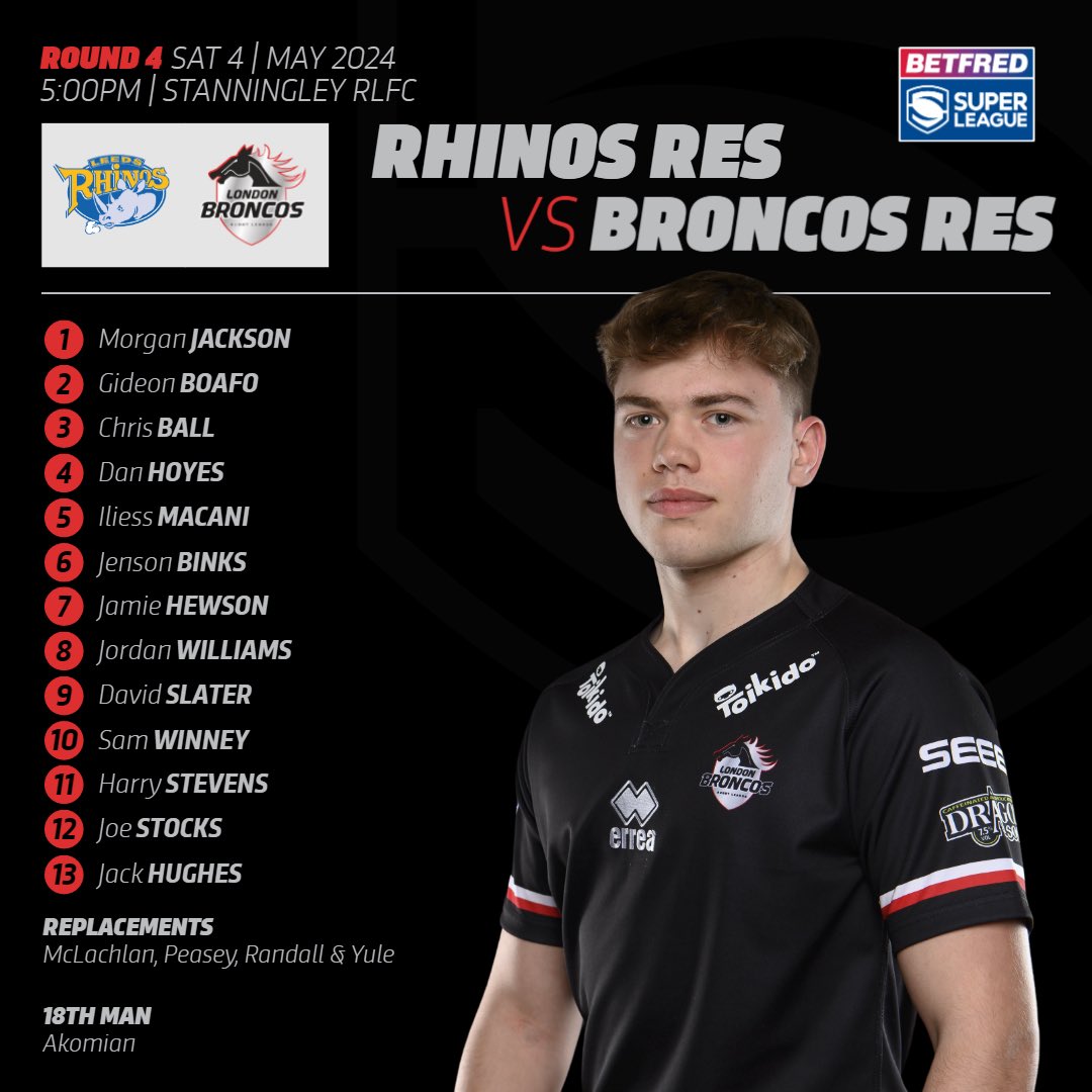 📋 𝐓𝐄𝐀𝐌 𝐍𝐄𝐖𝐒!!

Here is the side selected by Kieran Robertson for this afternoon’s reserve team game against @leedsrhinos reserves.

#WeAreLondon🏉