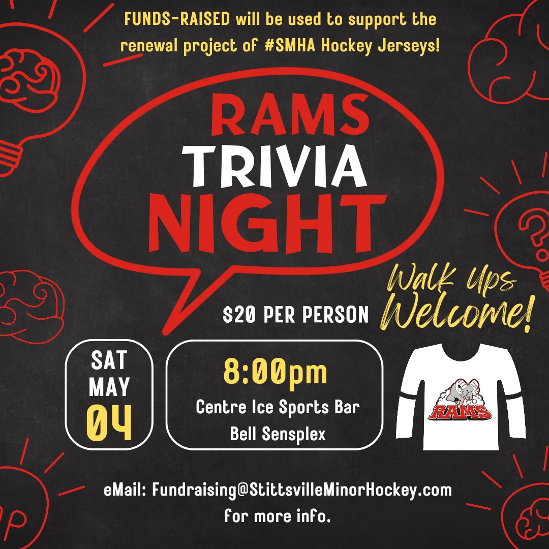 This is just a reminder that our SMHA Trivia Night Fundraiser is occurring at the Centre Ice Sports Bar (Bell Sensplex) tonight (May 4th) @ 8pm!

If your Saturday plans have changed, we still welcome you! Grab a couple friends and come join us! #smhaRams